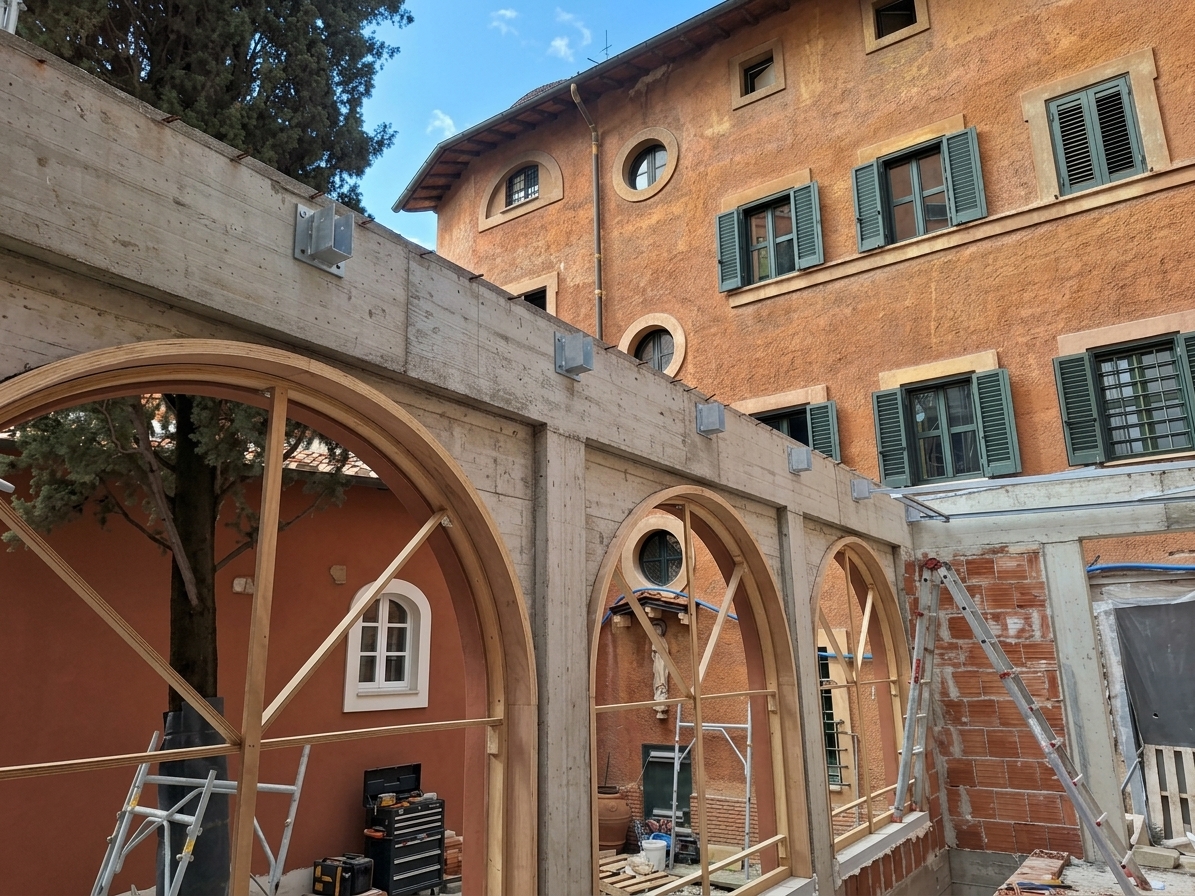 Struttura in legno per archi in fase di montaggio