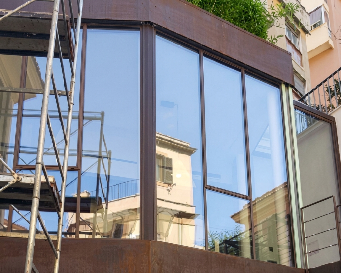 La facciata vetrata in corten di Casa Trastevere durante il cantiere