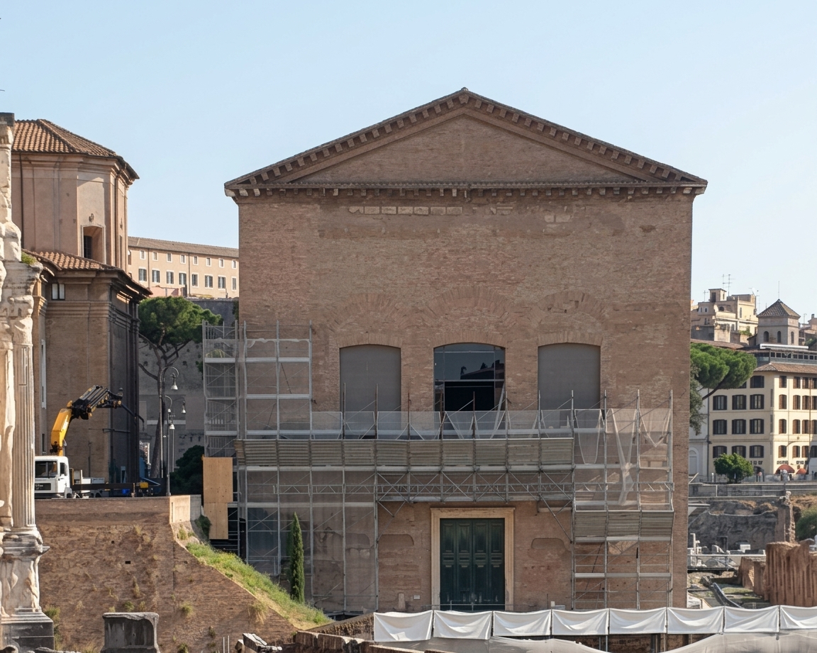 La facciata della Curia Iulia con l'autogru durante la movimentazione