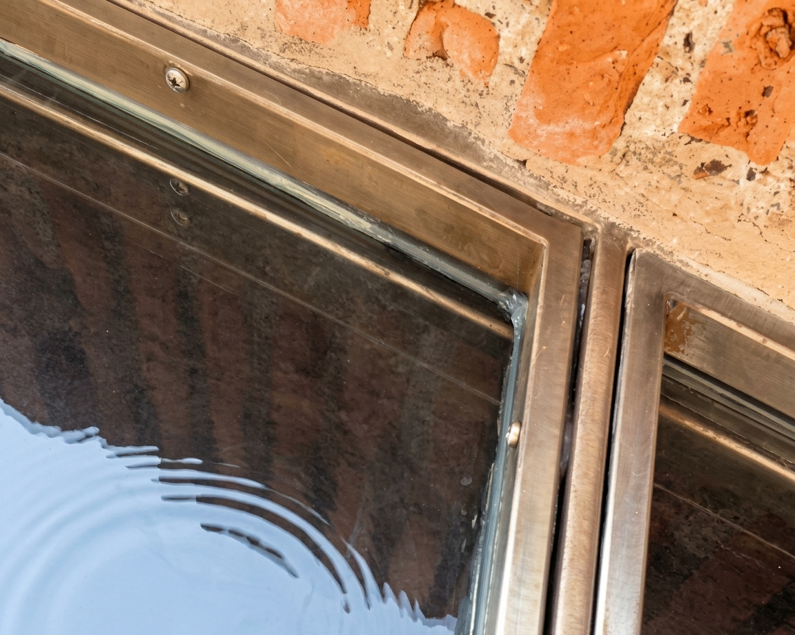 Dettaglio della tenuta all'acqua del serramento a contatto con la muratura