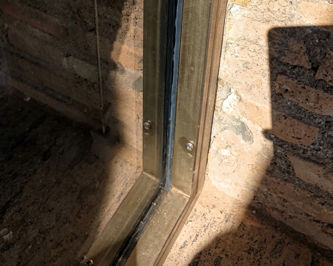 Dettaglio del nodo d'angolo del serramento in acciaio inox brunito