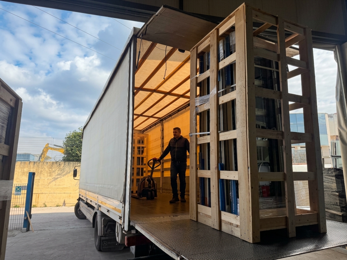 Operazioni di carico dei serramenti imballati sul camion