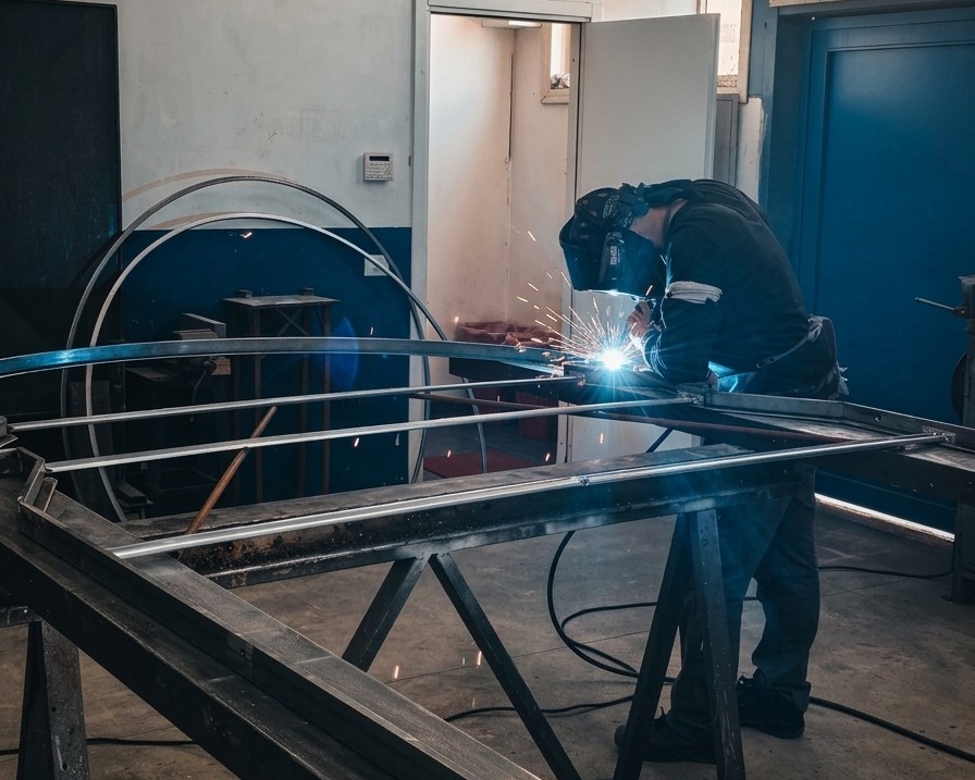 Saldatura di un profilo ad arco su banco in officina