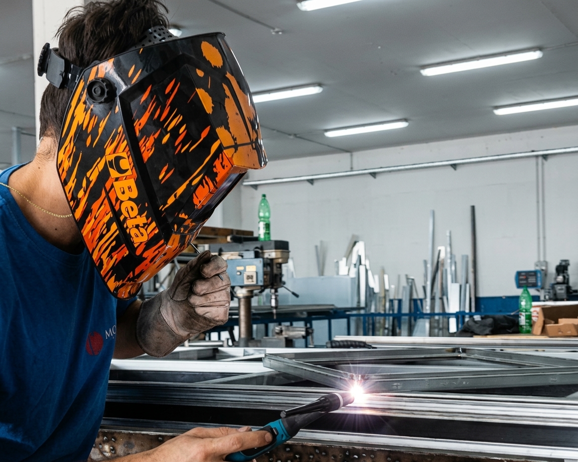 Lavorazione artigianale del telaio in acciaio nelle officine Mondial Infissi